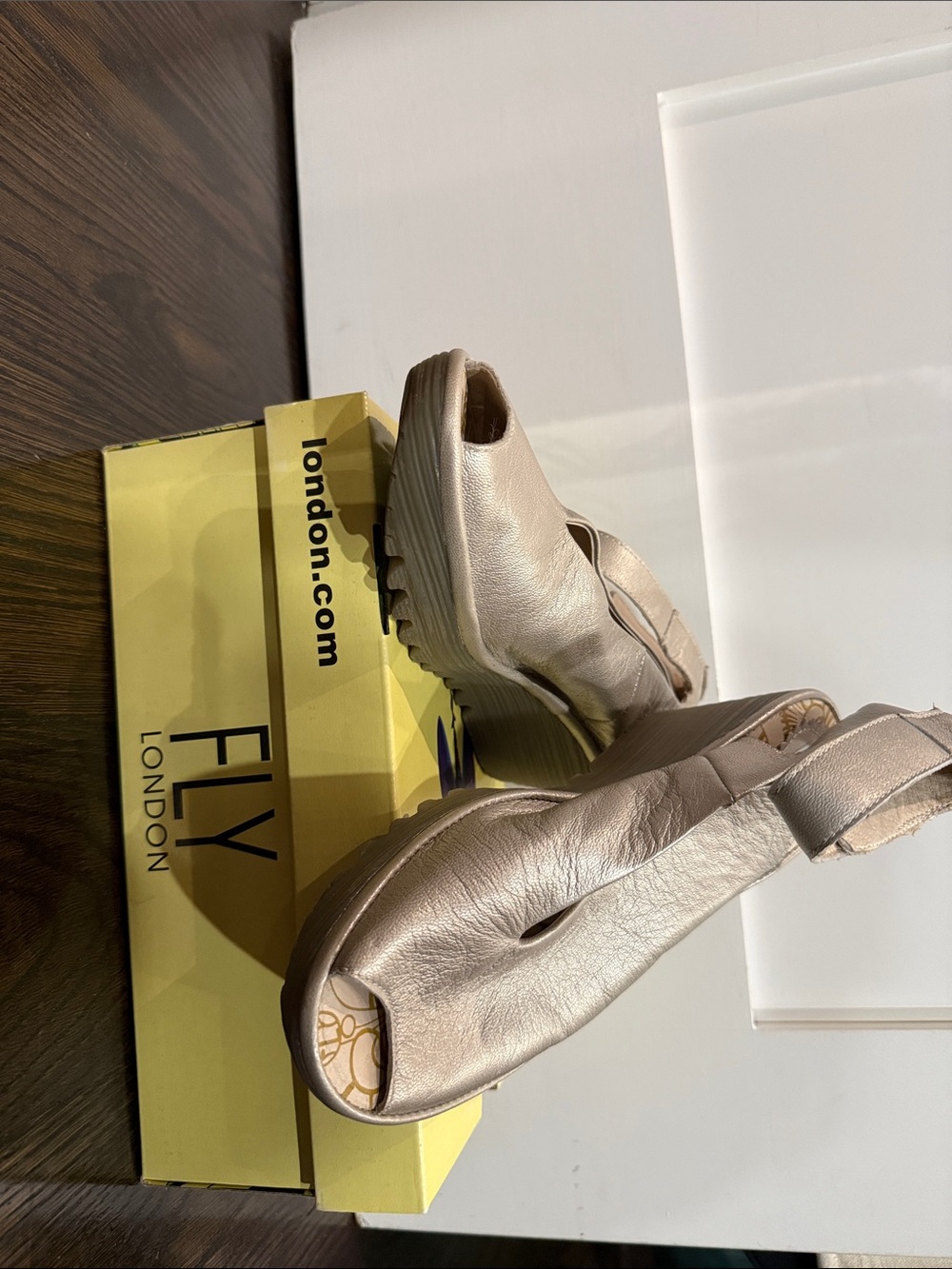 FLY London Women's Metallic Champagne Leather Wedge Mules